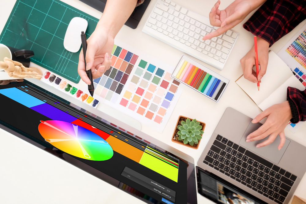 team-graphic-designers-working-computer-officeideas-creative-occupation-design-studio-artist-workplace-with-top-view